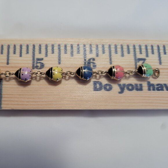 Lady Bug Multicolor Puffy Enamel Bracelet 10k Yellow Gold - Picture 10 of 13